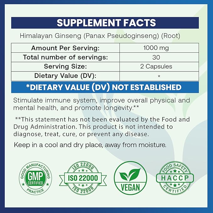 Himalaya's Care Panax Ginseng Supplement 1000mg - 60 Vegan Capsules - Korean Red Ginseng Extract Root Powder Pills for Men and Women - for Natural Energy, Focus, Immune Support, Vitality & Stamina