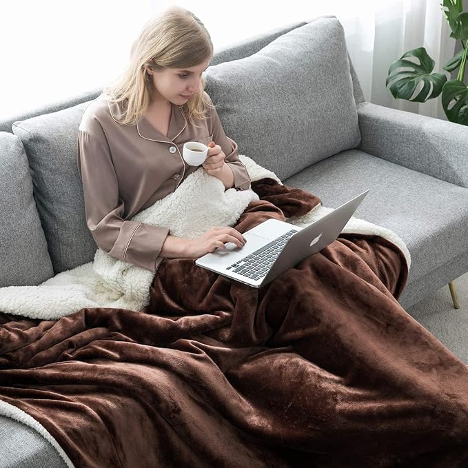 IR Imperial Rooms Coffee Sherpa Blankets Queen Size for Bed - Wholesale Bulk Pack of 9 Sherpa Blankets - Soft Fluffy Throw Blanket for Hotels, Guest Bedroom, 90x90 Inches
