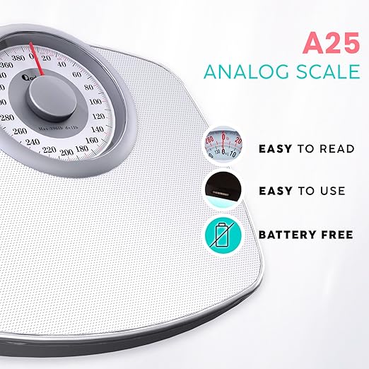 Adamson A25 Scales for Body Weight - Up to 400 LB - 5.3" Dial on 12.4" x 12" Platform - Anti-Skid Rubber Surface - High Precision Bathroom Scale Analog - Durable with 20-Year Assurance - Full White