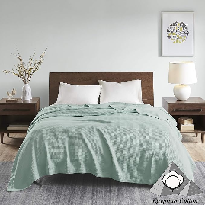 Madison Park Soft Certified 100% Egyptian Cotton Breathable Cozy Blanket, Premium Waffle Knit Classic Design, Luxury All Season Lightweight Cover for Bed, Couch and Sofa, Seafoam Twin(66"x90")