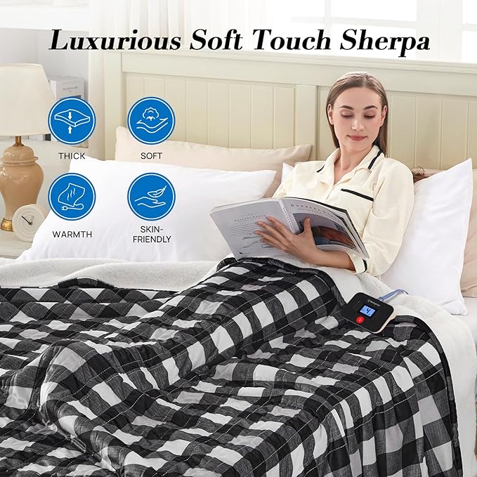 Westinghouse Twin Size Electric Blanket, Soft Flannel to Sherpa Heated Blanket with 10 Heating Levels & 1 to 12 Hours Heating Time Settings, Fast Heating Blanket, Black Plaid, 62x84 Inches