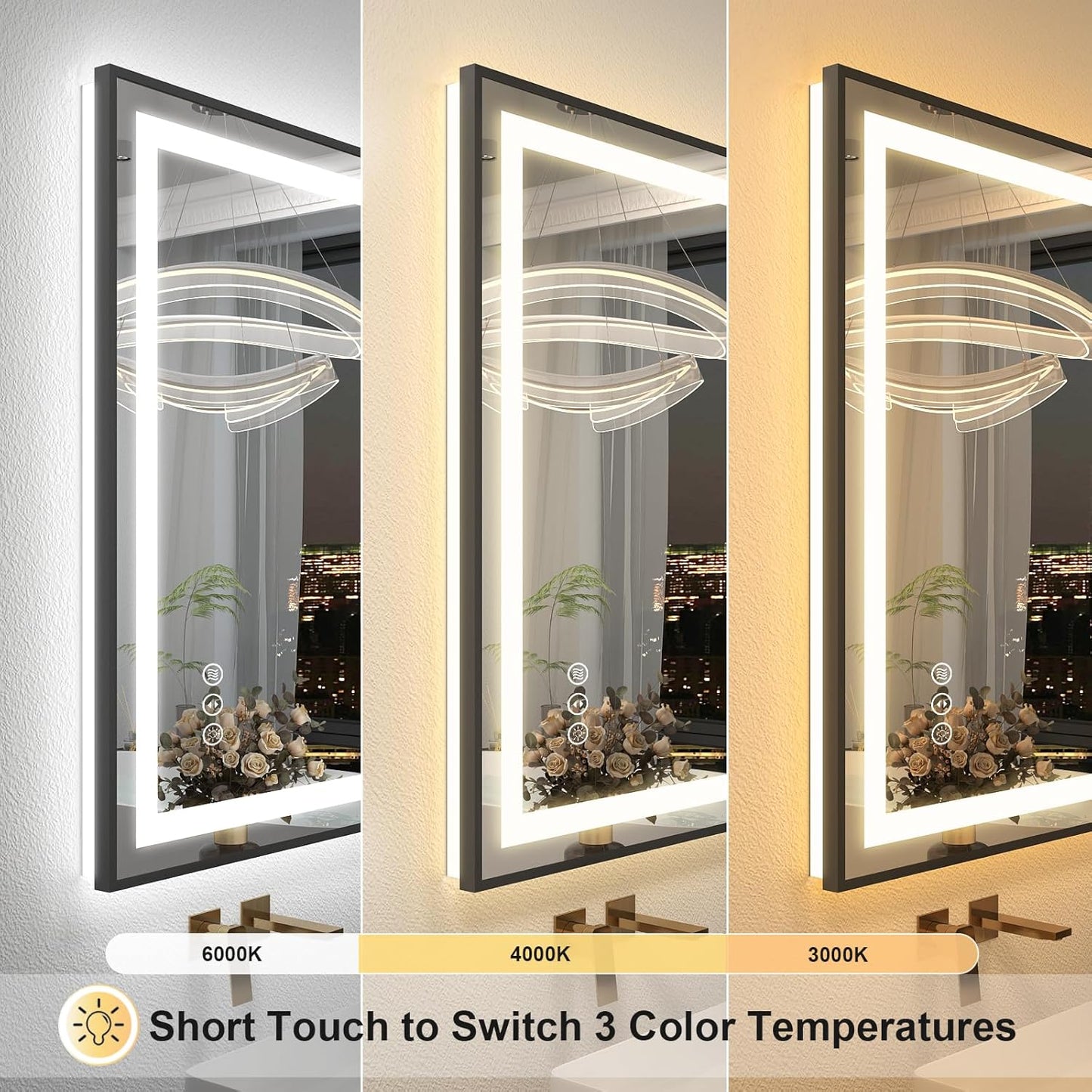 OKPAL 28x36 Black Frame LED Bathroom Mirror, Lighted Bathroom Mirror with Lights, Frontlit & Backlit Lighted Vanity Mirror, Anti-Fog, Dimmable, Shatterproof, Horizontal/Vertical