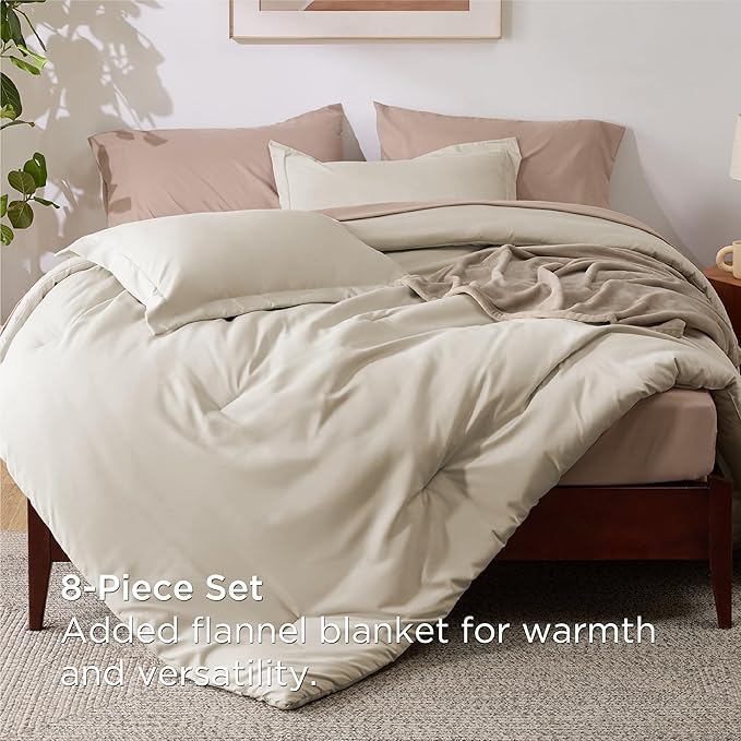 Bedsure King Comforter Set Beige, 8 Pieces Prewashed King Size Bed in a Bag with Soft Fleece Bed Blanket, Down Alternative Bedding Set for All Seasons, Sheets, Pillowcases & Shams