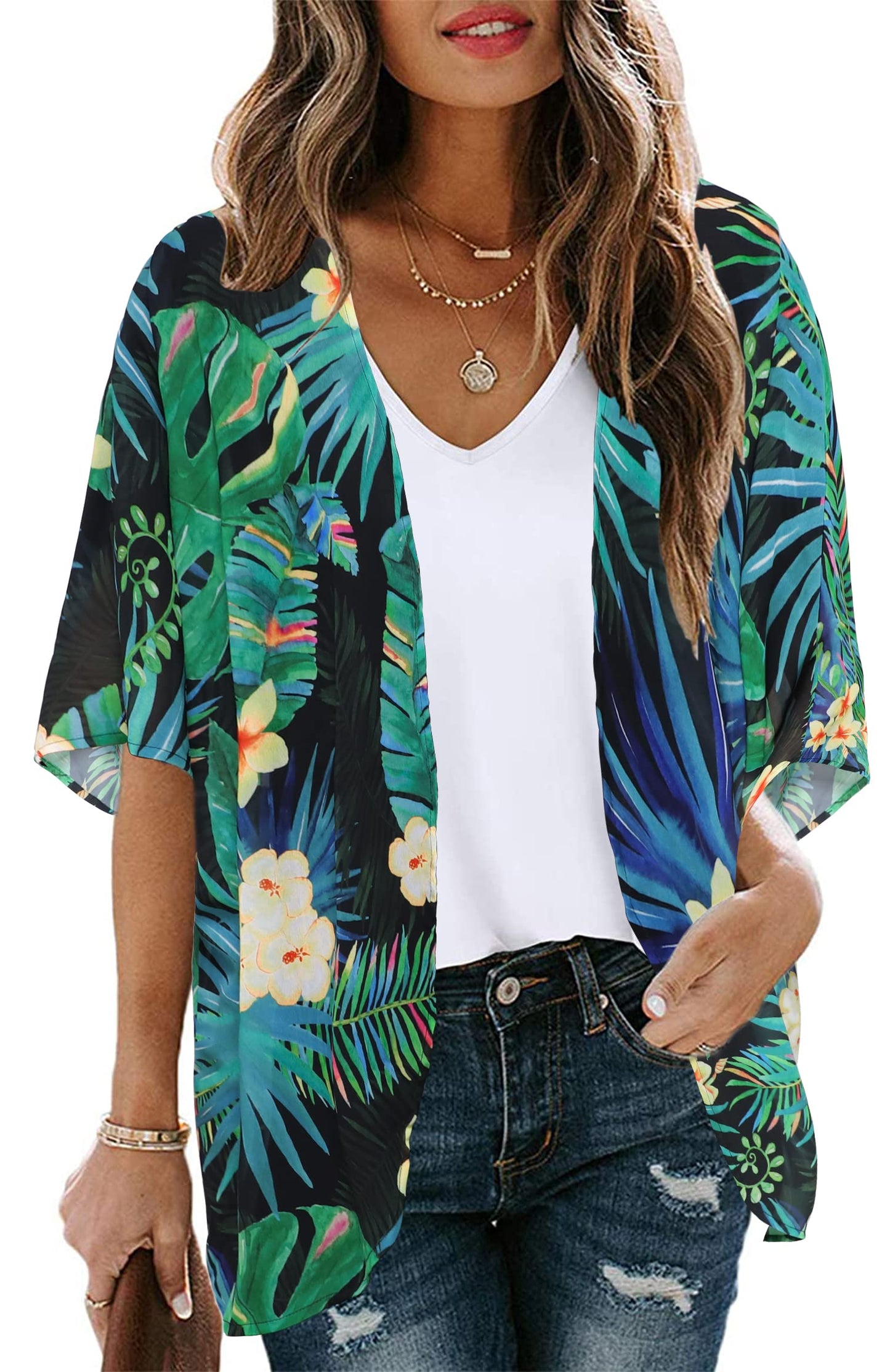 Womens Flowy Kimono Plam Leaf Patterns Cover ups Beachwear Summer tops（Blackgreen,S