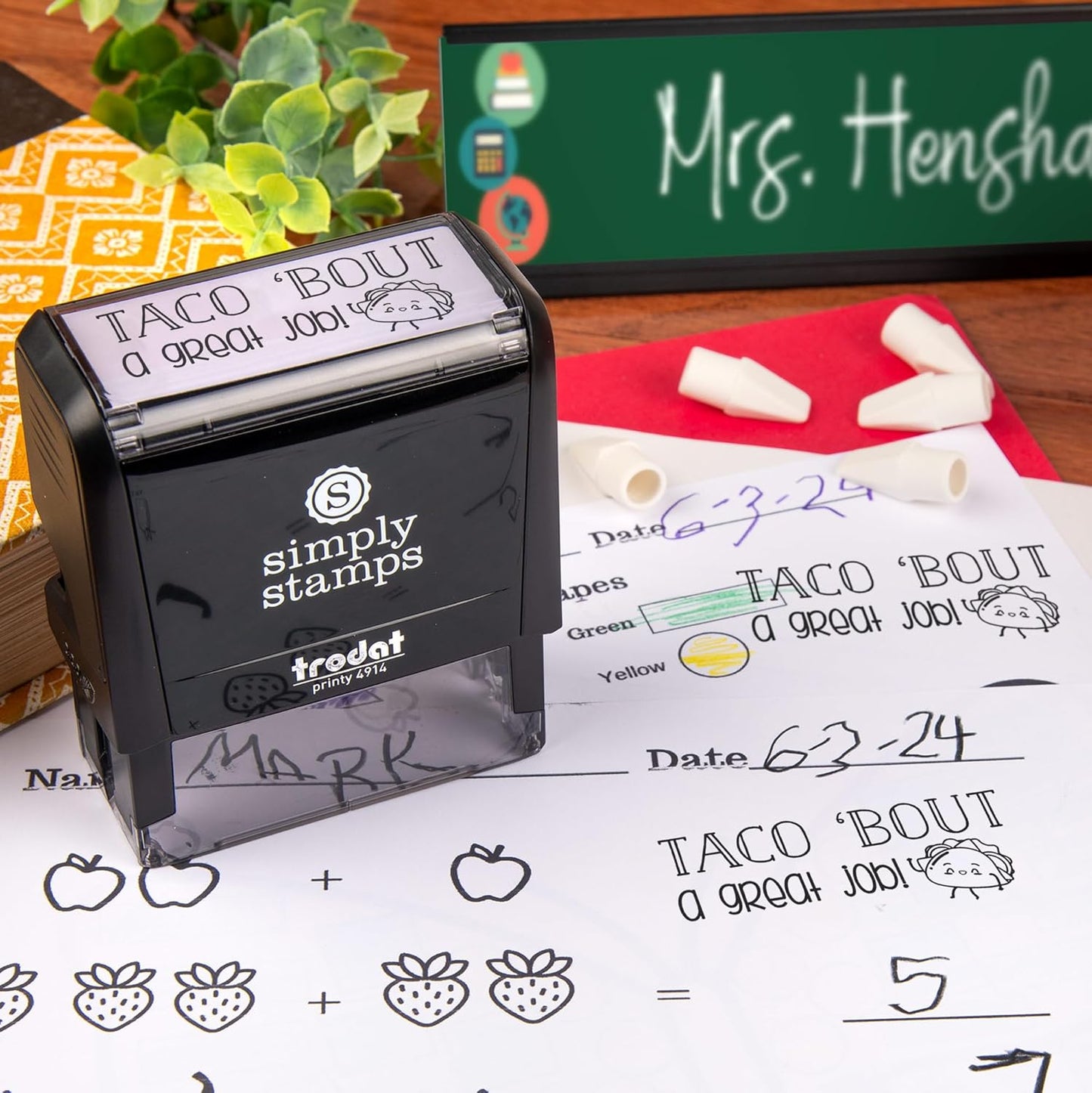 Custom Self-Inking Teacher Stamps | 49 Designs | Fun Phrases | Grading Made Easy | Classroom and Library Book Stamps (Taco 'Bout a Great Job!, Large)