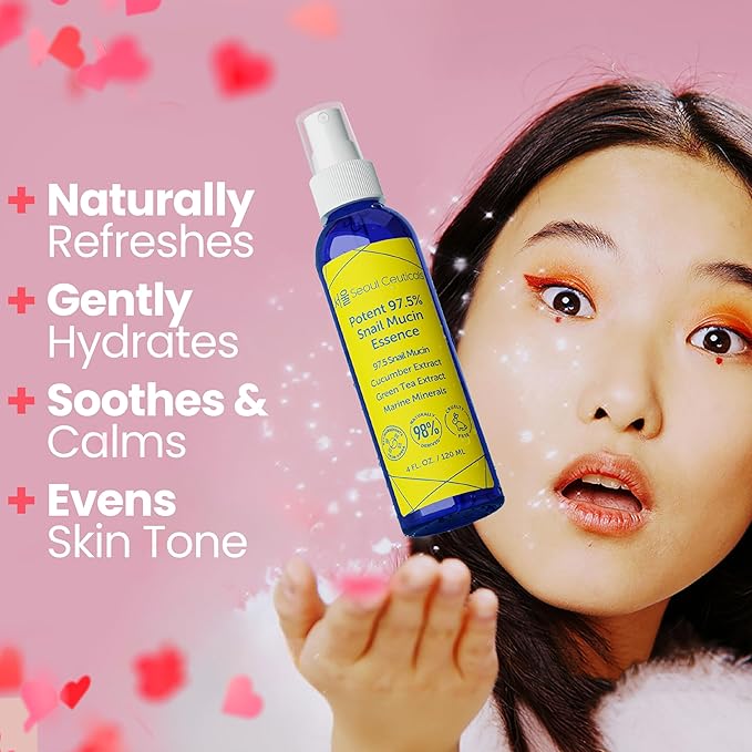 SeoulCeuticals Korean Face Mist 97.5% Snail Mucin Essence - K Beauty Skincare Facial Spray - Cucumber Extract + Marine Minerals + Green Tea + Aloe 4oz