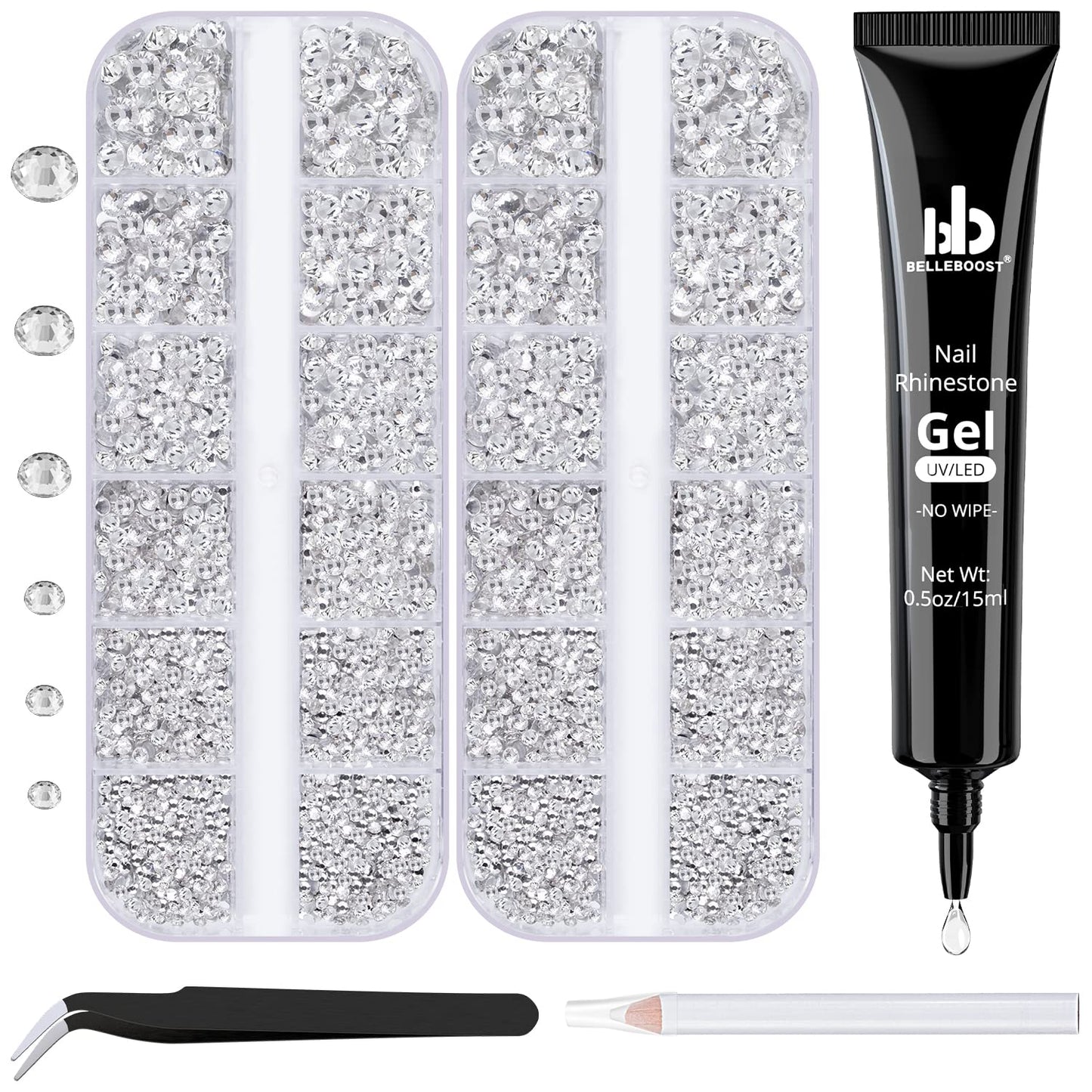 Nail Art Rhinestone Glue Gel&2 Boxes Flatback Gems Kit, 1 Tube of 15ml Rhinestone Gel Glue(UV/LED Needed)+Round Glass Crystal Clear Gemstones with Pickup Tools
