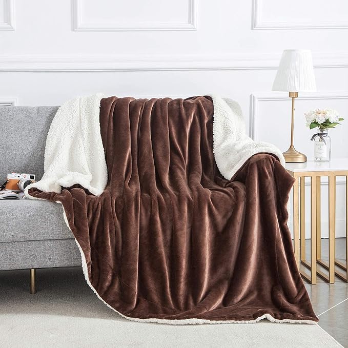 IR Imperial Rooms Coffee Sherpa Blankets Queen Size for Bed - Wholesale Bulk Pack of 9 Sherpa Blankets - Soft Fluffy Throw Blanket for Hotels, Guest Bedroom, 90x90 Inches