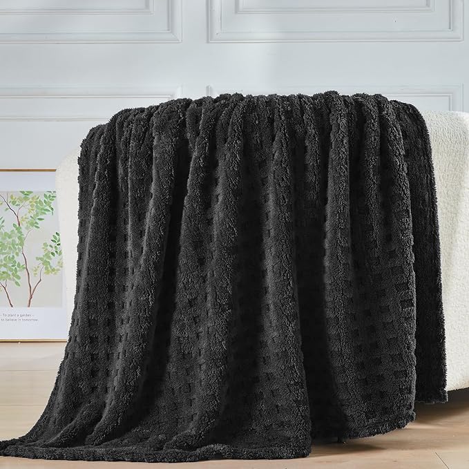 NEWCOSPLAY Super Soft King Blanket Black Premium Silky Flannel Fleece 3D Waffle Checkered Lightweight Bed Blanket All Season Use (Black, King(90"x110"))