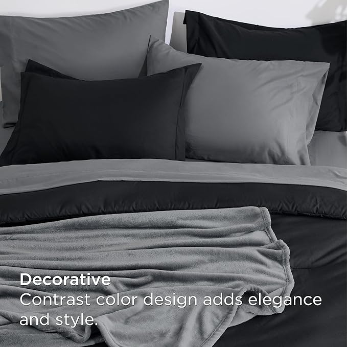 Bedsure Twin Comforter Set Black, 6 Pieces Prewashed Twin Size Bed in a Bag with Soft Fleece Bed Blanket, Down Alternative Bedding Set for All Seasons, Sheets, Pillowcase & Sham