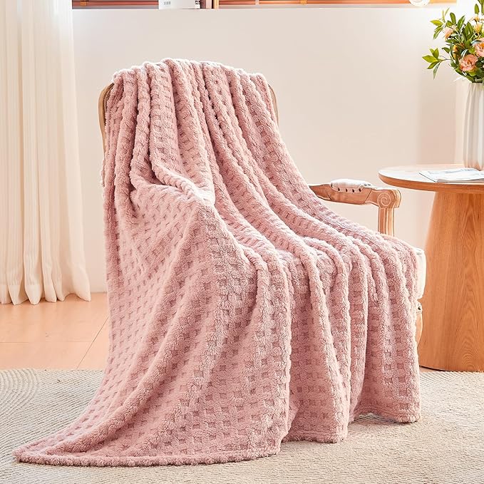 NEWCOSPLAY Super Soft Throw Blanket Pink Premium Silky Flannel Fleece 3D Waffle Checkered Lightweight Bed Blanket All Season Use (Pink, Throw(50"x70"))