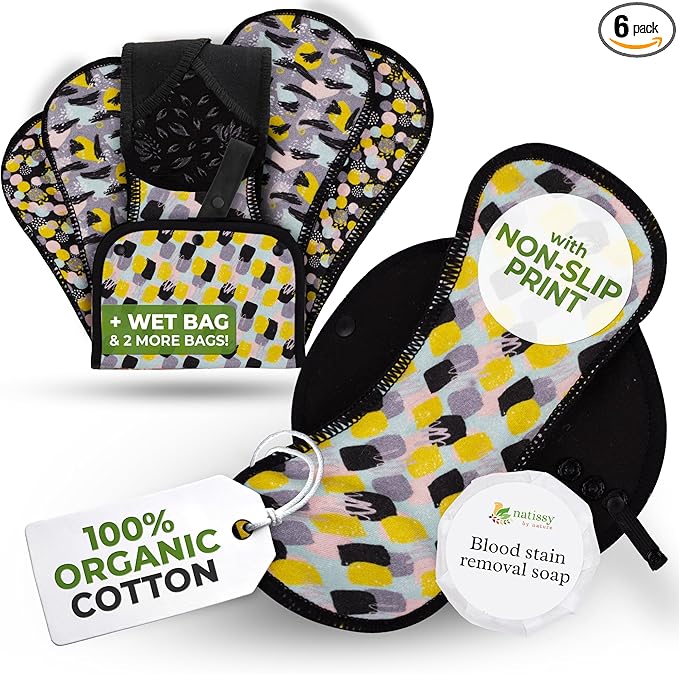 Non-Slip Organic Reusable Period Pads for Heavy Flow & Incontinence (L+XL, 6-Pack); High-Temp Cotton Washable Cloth Pads for Women; Non-Irritating, Soft Reusable Pad Menstrual for Comfortable Care