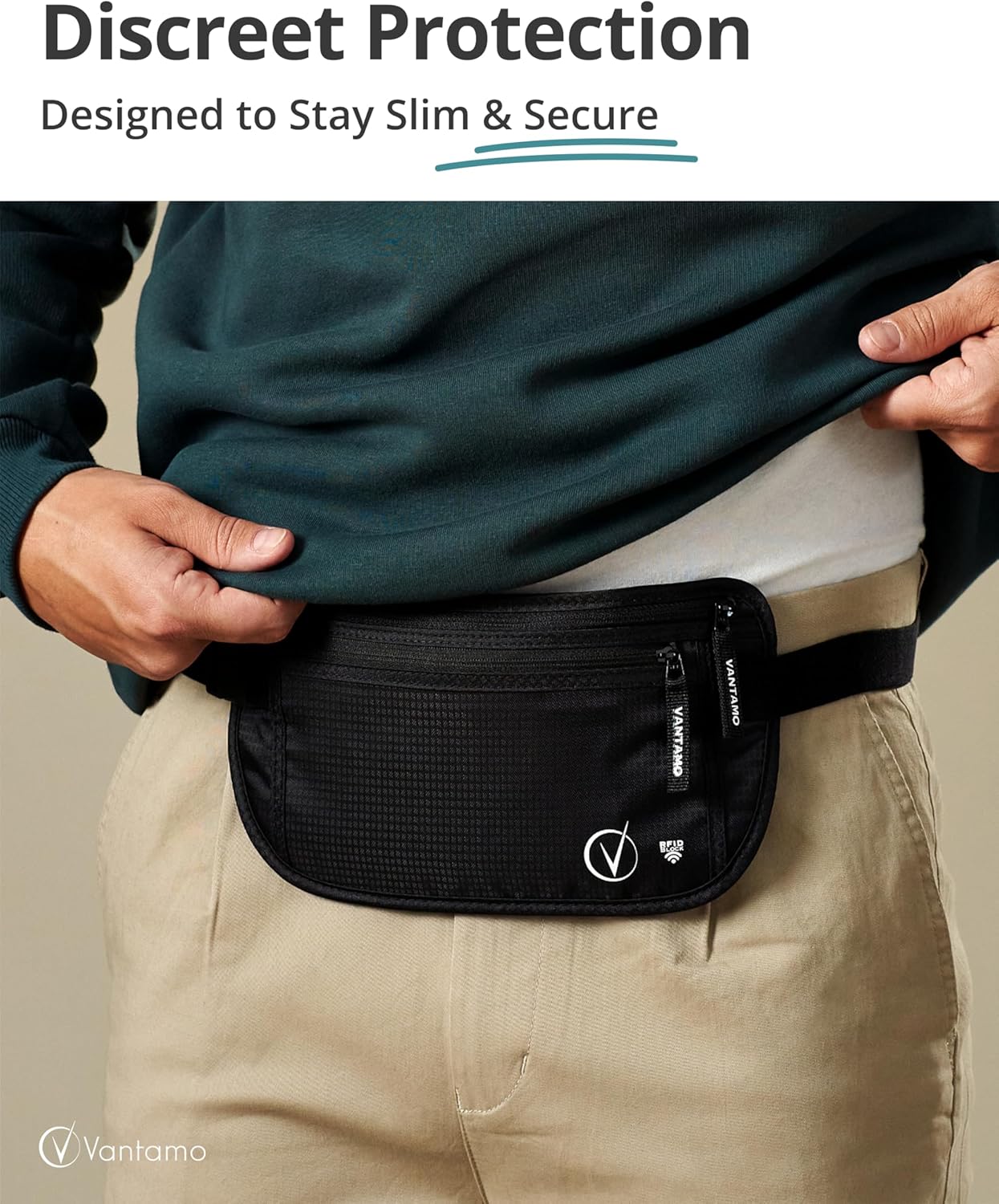 Vantamo Hidden Money Belt For Extra Safety, RFID Ultra-Thin Fanny Pack, 2 Compartment Money Bag Fits Passport & Phone