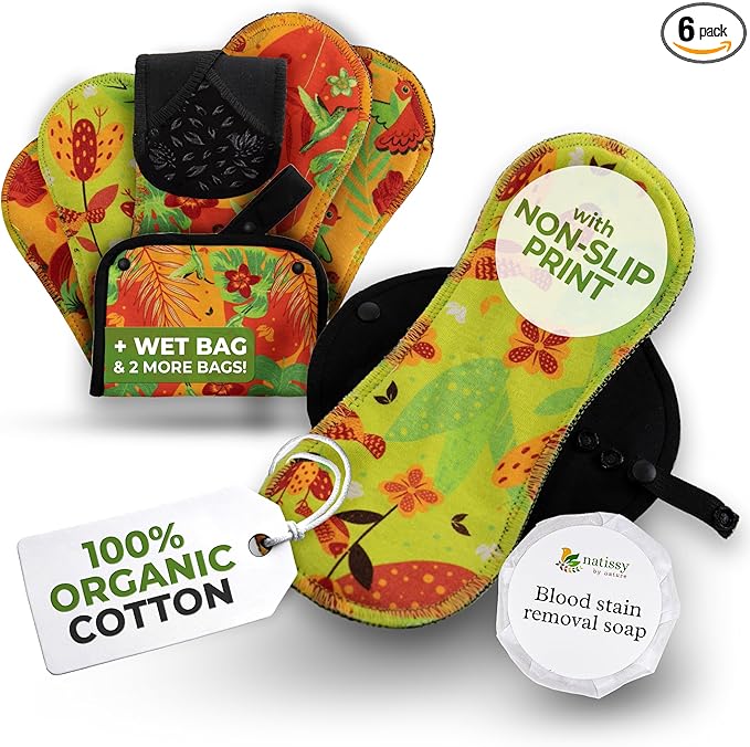 Non-Slip Premium Reusable Period Pads for Light Flow (S+M, 6-Pack); High-Temp Washable Organic Cotton Cloth Pad for Women & Teens; Non-Irritating Reusable Pads Menstrual for Comfortable Period Care