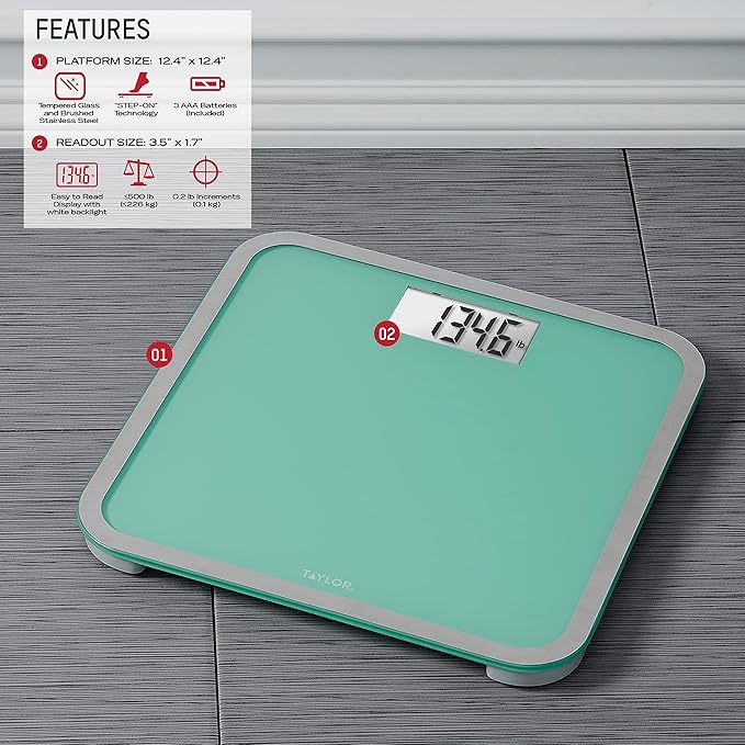 Taylor Digital Glass Bathroom Scale for Body Weight, Large Durable Platform, Extra High 500 lb Capacity, Large 3.5"x1.7" White Backlit Display, Sea Foam Green