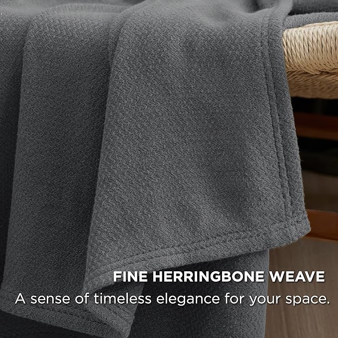 Bedsure 100% Cotton Blanket King Size for Bed - Breathable and Lightweight, Soft Cozy Textured Herringbone Woven Blanket for Summer Spring, Dark Grey, 108x90 inches