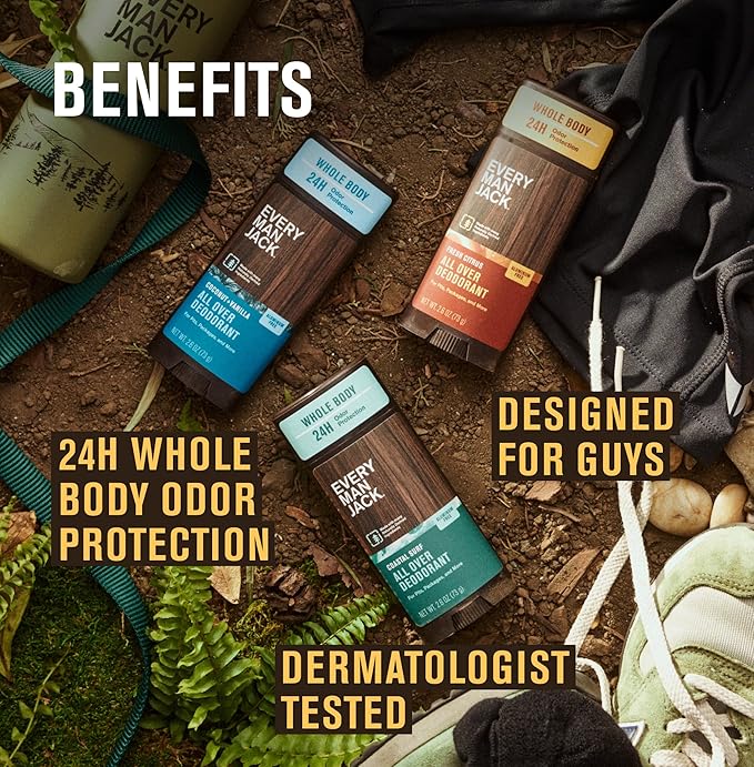 Every Man Jack All Over Deodorant Variety Pack - 24 Hour Whole Body Odor Protection - Aluminum Free - 1 Each of Fresh Citrus, Coastal Surf, and Coconut Vanilla Scents - 2.6 oz (3 Pack)