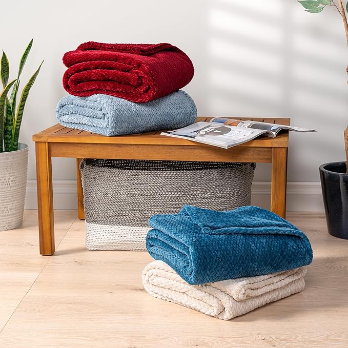 PAVILIA Soft Fleece Teal Blue Throw Blanket for Couch, Lightweight Plush Warm Blankets for Bed, Fuzzy Cozy Flannel Blanket Throw for Sofa, Travel, Jacquard Pattern, Teal Blue, Twin, 60x80 inch