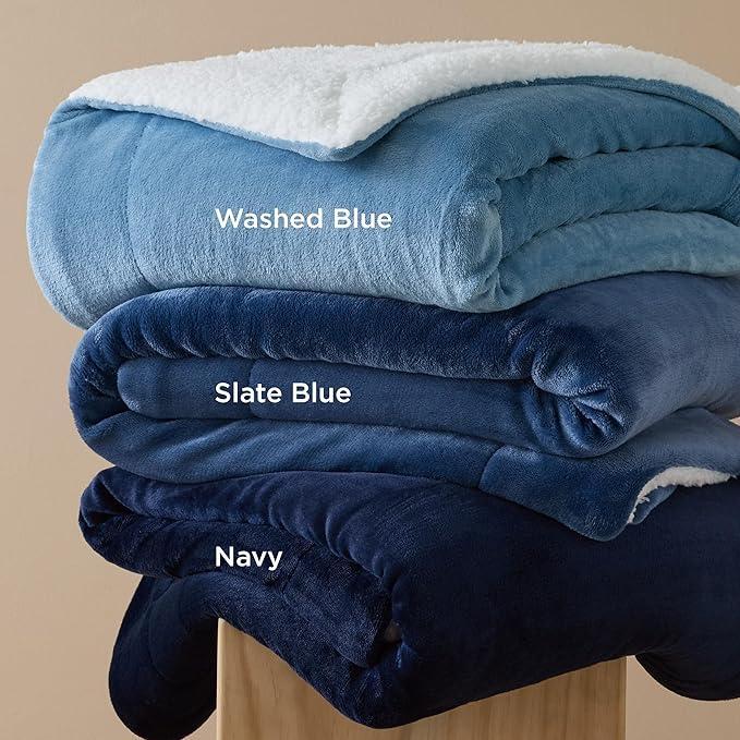 Bedsure Sherpa Fleece Washed Blue Throw Blanket for Couch - Thick and Warm, Soft Fuzzy Plush Throw Blanket for Winter, 50x60 Inches