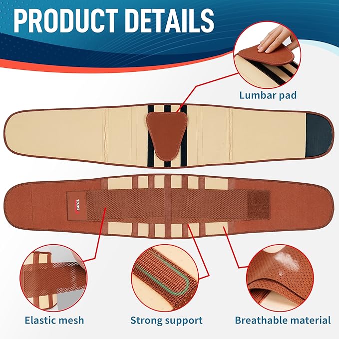 FEATOL Back Brace for Lower Back Pain, Breathable Back Support Belt for Women & Men with Lumbar Pad, Lumbar Support Belt for Heavy Lifting & Work, Scoliosis, Brown, 4XL (Circumference:63-68")