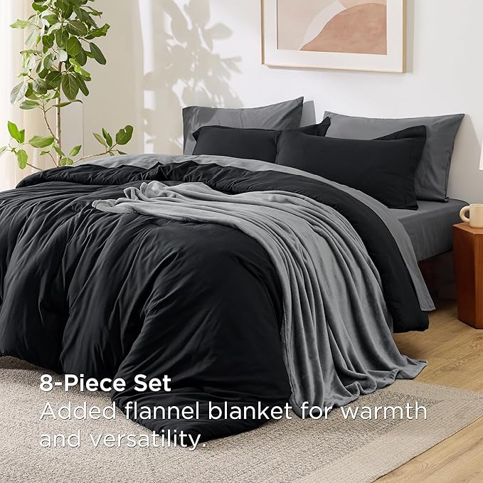 Bedsure Twin Comforter Set Black, 6 Pieces Prewashed Twin Size Bed in a Bag with Soft Fleece Bed Blanket, Down Alternative Bedding Set for All Seasons, Sheets, Pillowcase & Sham