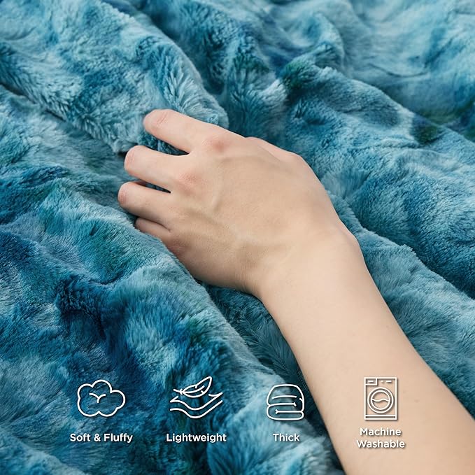 Bedsure Sherpa Blanket Queen Size - Soft, Fuzzy & Fluffy Faux Fur - Warm, Cozy Blanket for Couch, Sofa and Bed, Tie Dye Design, Teal, 90x90 Inches