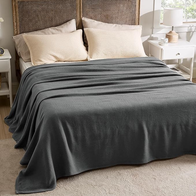 Bedsure 100% Cotton Blanket King Size for Bed - Breathable and Lightweight, Soft Cozy Textured Herringbone Woven Blanket for Summer Spring, Dark Grey, 108x90 inches