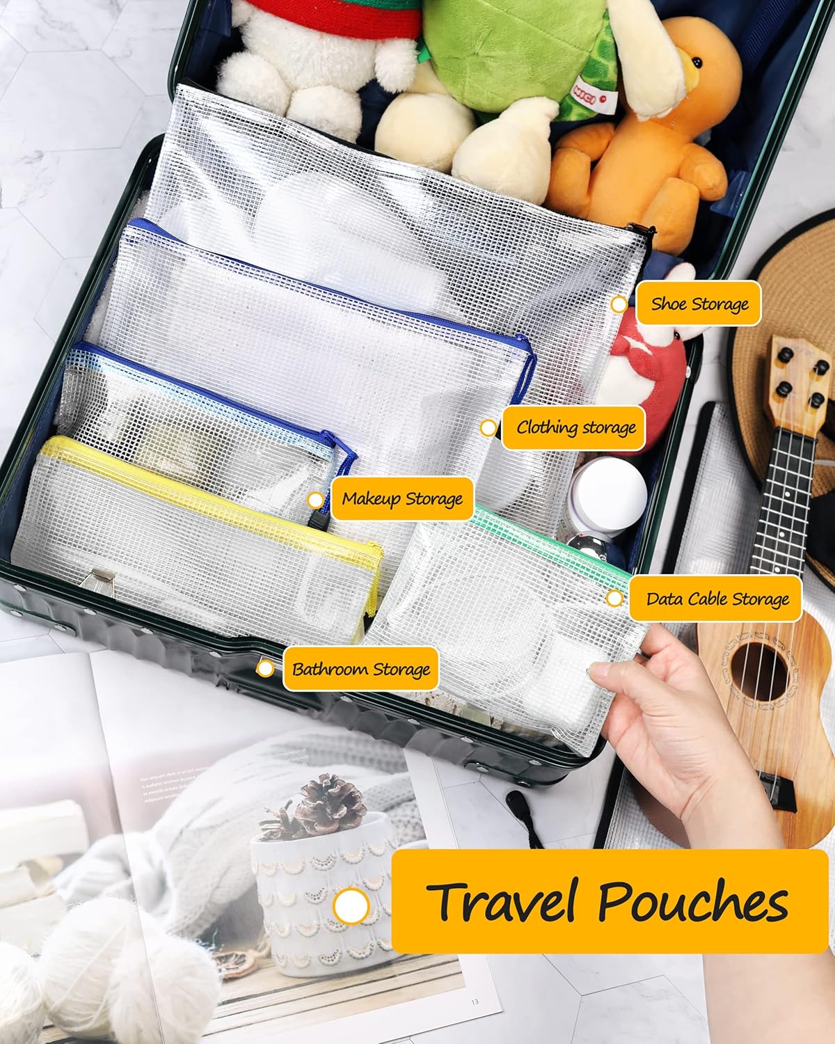 SUNEE Plastic Mesh Zipper Pouch 11x16 in (8 Colors, 24 Packs),Extra Large Water-Resistant Zip Bag for School Office Supplies, Puzzles & Games Organizing Storage