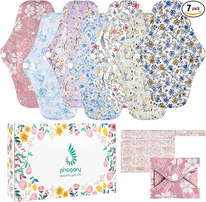 PHOGARY 7 Pcs Reusable Menstrual Pads, Reusable Sanitary Pads for Women, Washable Overnight Cloth Menstrual Pads Heavy Flow with Wet Bag