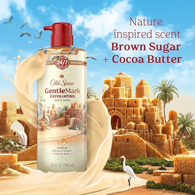 Old Spice GentleMan's Exfoliating & Moisturizing Body Wash for Men, 24/7 Shower Fresh with Long Lasting Scent, Renewing Vitamin B3 Blend, Brown Sugar + Cocoa Butter Scent, 26 oz