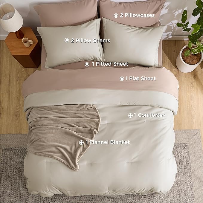 Bedsure King Comforter Set Beige, 8 Pieces Prewashed King Size Bed in a Bag with Soft Fleece Bed Blanket, Down Alternative Bedding Set for All Seasons, Sheets, Pillowcases & Shams