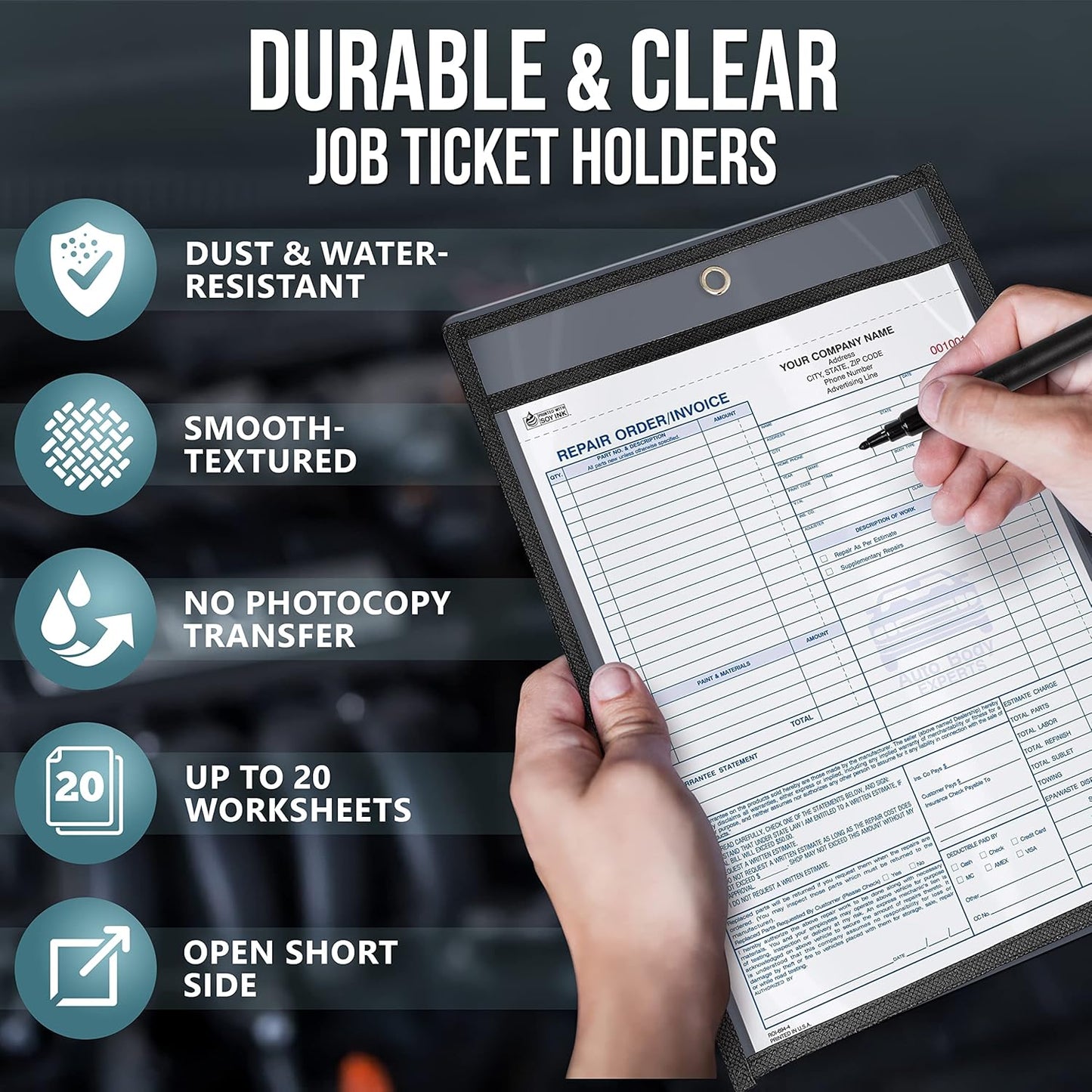 10 Pack Job Ticket Holders 9x12 - Reusable Dry Erase Pocket Sleeves for Shop, Office & Classroom - Clear Work Order Plastic Sleeves & Shop Ticket Holders with Hanging Eyelet