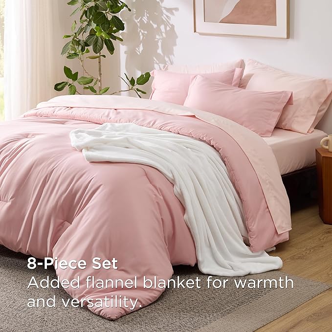 Bedsure Twin Comforter Set Pink, 6 Pieces Prewashed Twin Size Bed in a Bag with Soft Fleece Bed Blanket, Down Alternative Bedding Set for All Seasons, Sheets, Pillowcase & Sham