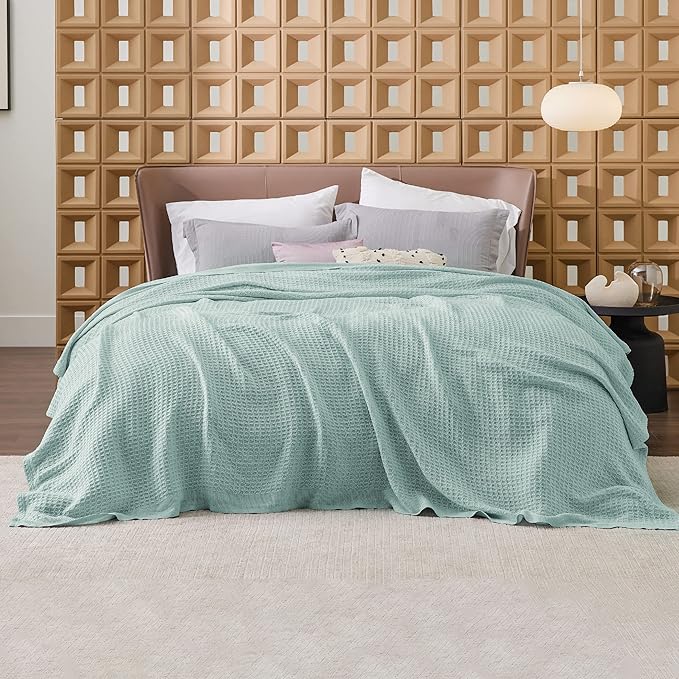 Bedsure 100% Cotton Blanket King Size for Bed - Breathable and Soft, Waffle Weave Blanket for Summer Spring, Mint, 104x90 inches