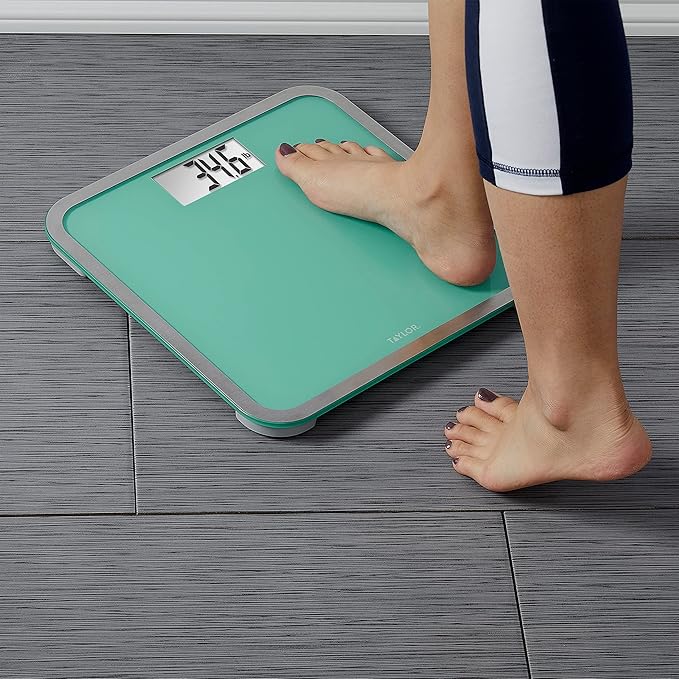 Taylor Digital Glass Bathroom Scale for Body Weight, Large Durable Platform, Extra High 500 lb Capacity, Large 3.5"x1.7" White Backlit Display, Sea Foam Green