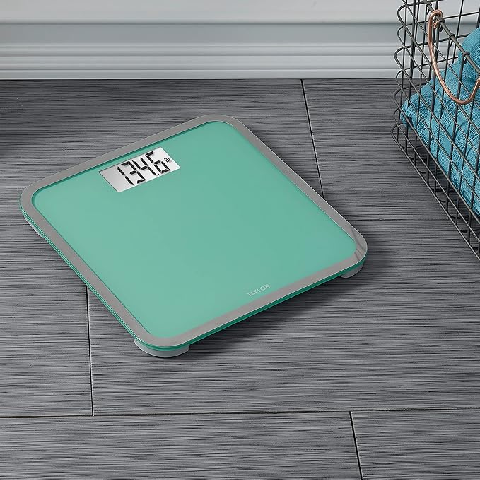 Taylor Digital Glass Bathroom Scale for Body Weight, Large Durable Platform, Extra High 500 lb Capacity, Large 3.5"x1.7" White Backlit Display, Sea Foam Green