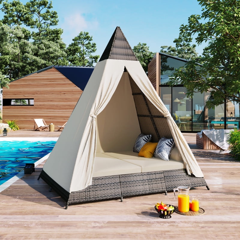 Bellemave Outdoor Sunbed With Pillows, Tent Shape Wicker Patio Daybed, 90.5" Length Lounge Bed for Patio Lawn Garden Backyard Porch Pool (Brown and Beige)