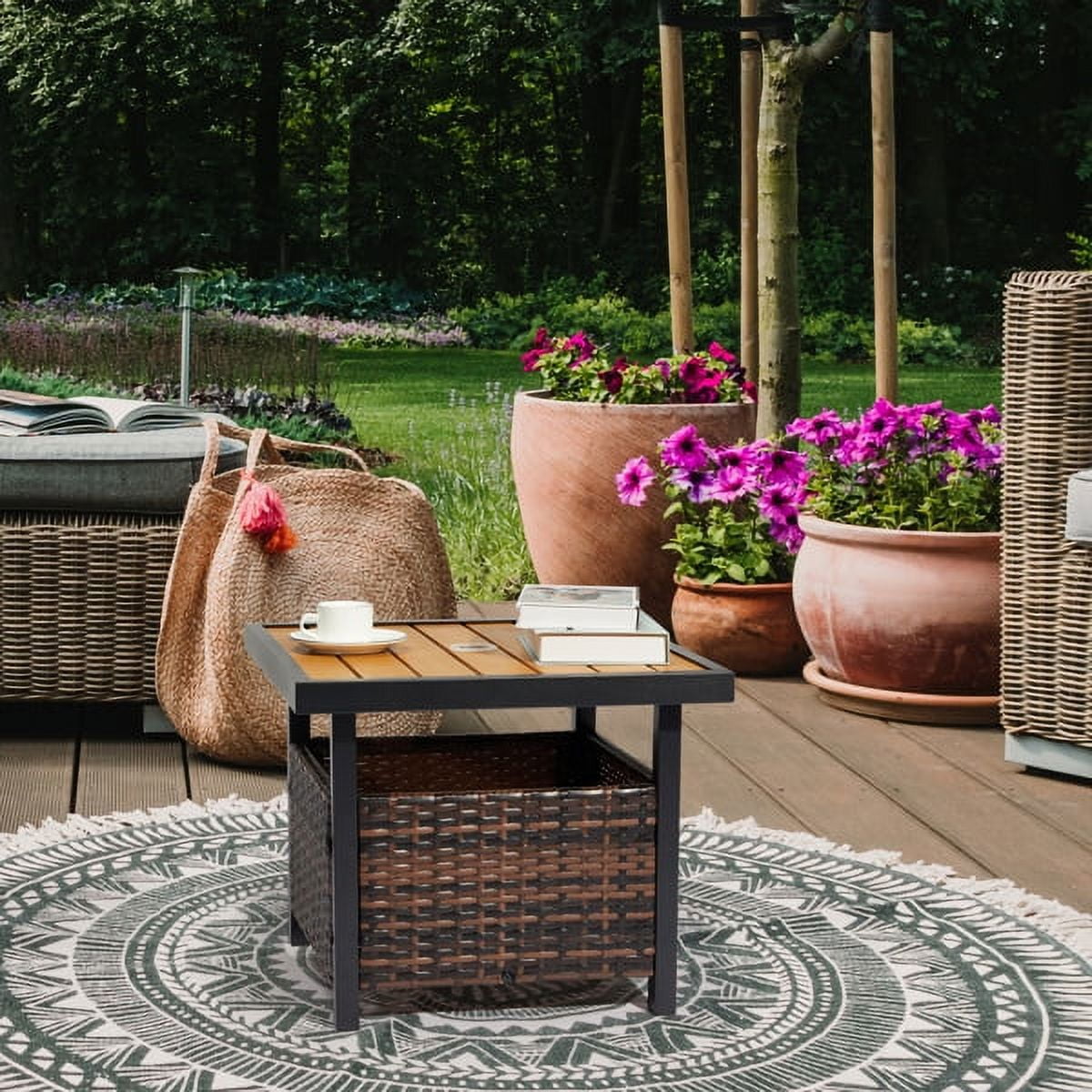 Outdoor Wicker Side Table with Umbrella Hole & Storage Space, Square PE Rattan End Table for Patio Garden Poolside Deck, Brown