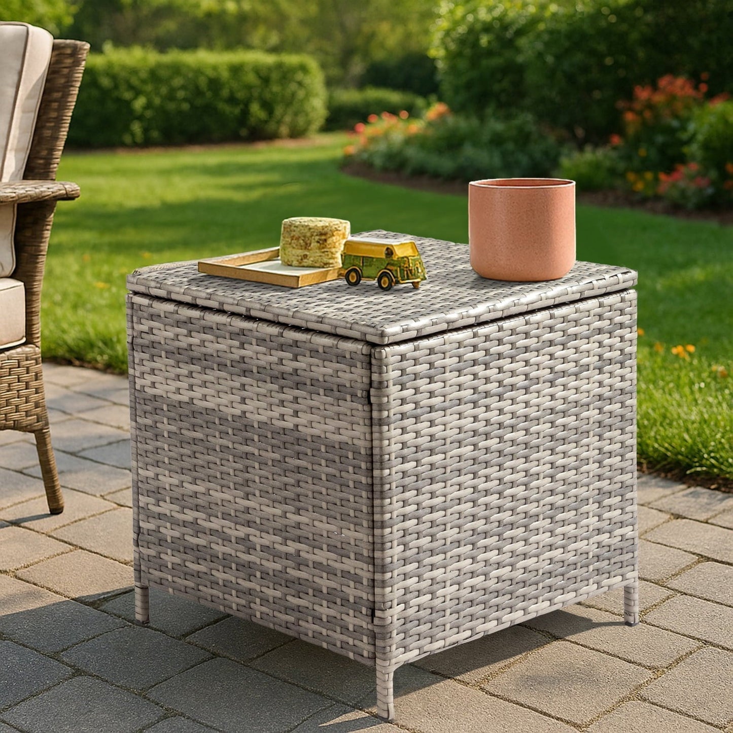 Ktaxon Wicker Side Table with Storage, 27 Galllon Square Ratten Storage Side Box Container for Furniture Covers, Toys and Gardening Tools, Gray