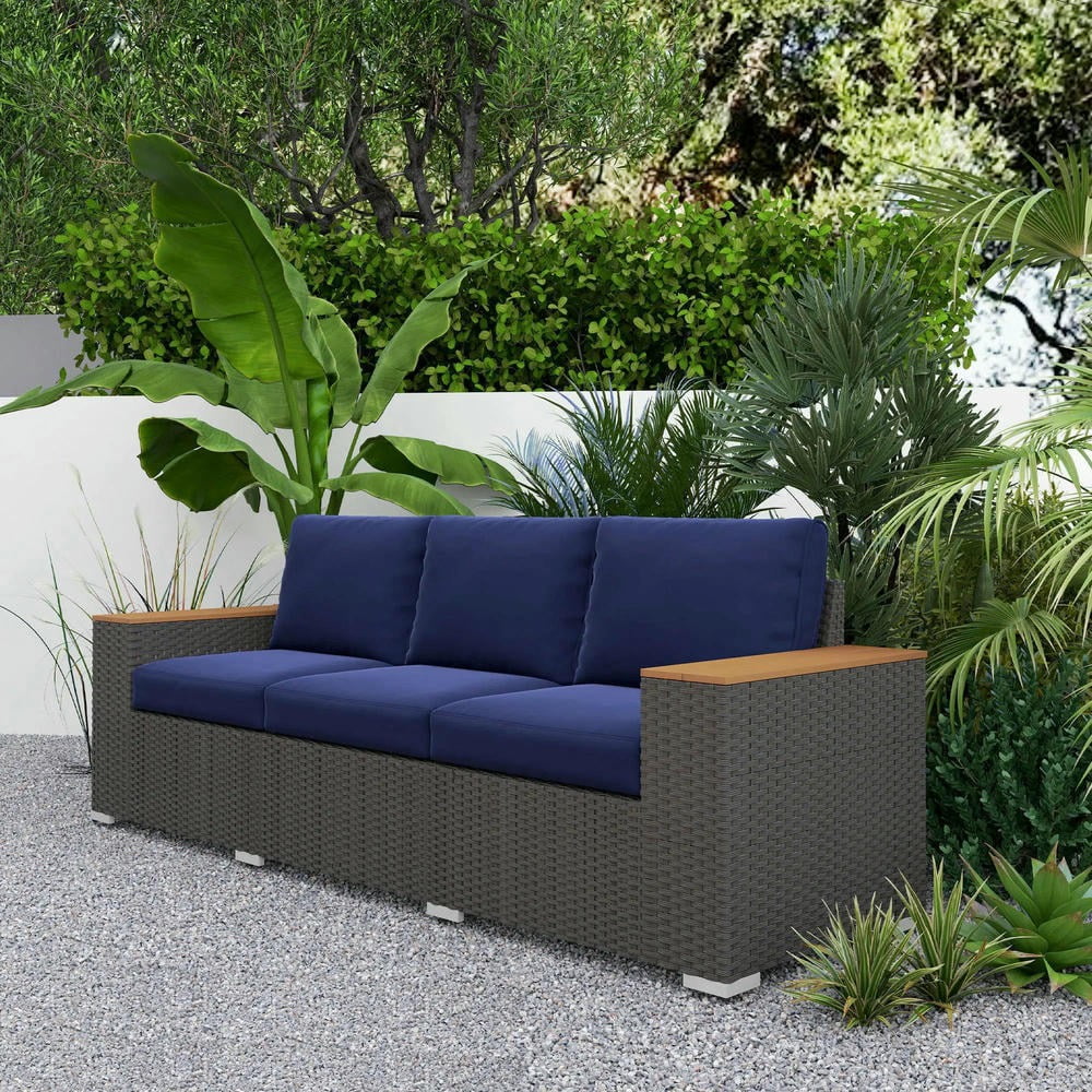 Barara King Patio Outdoor Sofa,3-Seat Outdoor Patio Sofa with Cushions, PE Rattan Wicker Sofa with Wide Armrests, Outdoor Wicker Couch, Navy Blue